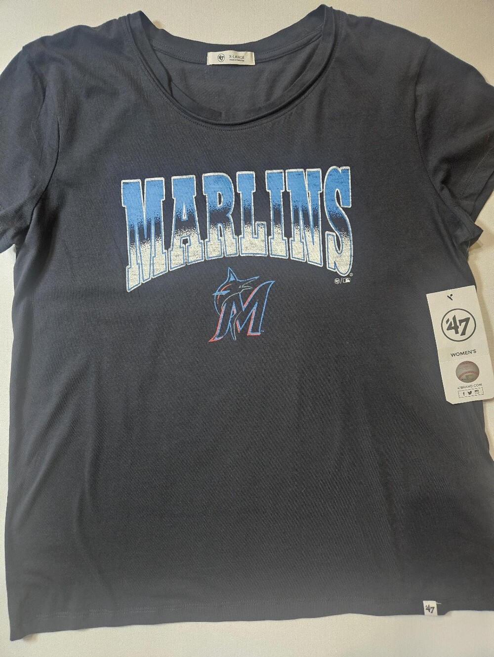 NWT Miami Marlins 47 Brand Tee Womens XL Black Blue White Graphic MLB Licensed